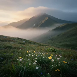 photo of epic mountain moor landscape, flowers, first light, morning mist, cinematic, cinematic, art by michael shainblum, low clouds