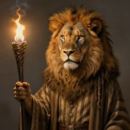 an anthropomorphic beautiful male lion wizard portrait holding torch wearing stripes robe, dreadlock breed hair, fine art, award winning, intricate, elegant, sharp focus, octane render, hyperrealistic, cinematic lighting, highly detailed, digital painting, 8 k concept art, art by jamie hewlett and z. w. gu, masterpiece, trending on artstation, 8 k