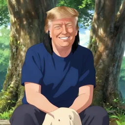 photorealistic Donald Trump meets a beautiful smiling anime girl with black hair and hime cut sitting under a tree, anime key visual, digital art, anime screenshot, kyoto animation, makoto shinkai, trending on artstation
