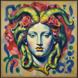 a beautiful painting medusa's head is in the rose, by by andy warhol and henri matisse painting
