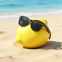 a 3 d render of a lemon relaxing on a beach wearing sunglasses, octane render