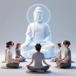 virtual reality avatars of people meditating, sitting around a giant bodhisattva hologram