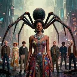 realistic detailed portrait movie shot of a beautiful black woman with a giant spider, dystopian city landscape background by denis villeneuve, amano, yves tanguy, alphonse mucha, max ernst, kehinde wiley, jean delville, david lynch, roger dean, cyber necklace, rich moody colours, sci fi patterns, dramatic, wide angle