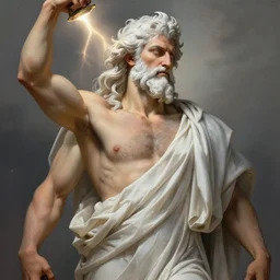 painted portrait of rugged zeus, god of thunder, greek god, white hair, masculine, mature, handsome, classical anatomy, upper body, flowy robe, muscular, hairy torso, fantasy, intricate, elegant, highly detailed, digital painting, artstation, concept art, smooth, sharp focus, illustration, art by gaston bussiere and alphonse mucha