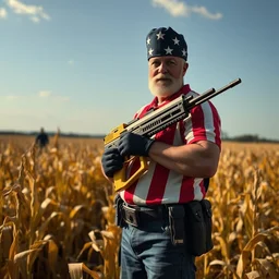 patriot holding a yellow nailgun in a corn field, fbi in distant background