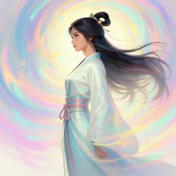 side - view portrait, maya ali as a wind sorcerer, dota 2, robes, elegant, concept art, smooth, psychedelic, colorful swirly magic ripples, pastel colors, by huang guangjian, sachin teng, greg rutkowski, jesper ejsing, ilya kuvshinov, artgerm, mucha