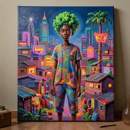 stylish - caricature - environment concept - art of a neon lit ajegunle slum in nigeria, photographed by vivian maier, unreal engine 3 d vfx render, digital illustration by mike winkelmann, intricate detail, sharp, volumetric light, ray tracing, soft light, colourful, claymation, acrylic on canvas, cinestill, rule of thirds,
