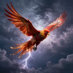 ai created phoenix flying through storm lightning clouds