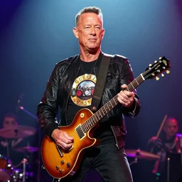 publicity photo still of tom hanks in guns n roses playing live on stage, 8 k, live concert lighting, mid shot