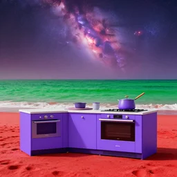 purple kitchen appliances on red sand beach, green ocean and nebula sunset