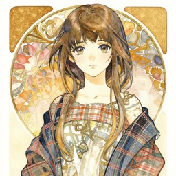 a watercolor portrait illustration by sui ishida and alphons mucha of an anime girl as a bishoujo highly detailed anime eyes wearing wearing mixed plaid fashion by issey miyake and balenciaga 8 k