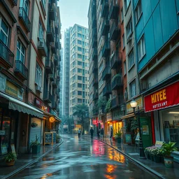 view from the street level, shows a dense cityblock, ground floor shops, residential apartments, balcony gardens. rainy atmosphere. colorful sharp focus, smooth, hd, detailed, decayed, digital painting trending on art station, greg rutkowski.