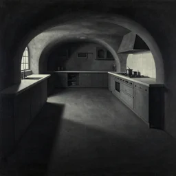 volumetric shadows, volumetric lighting, black goya painting, curved perspective, naive, extra narrow, by rhads, an underground kitchen with large floor, antoni gaudi