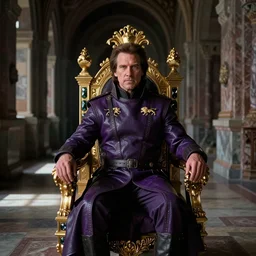 Film still of one Christopher Walken as Emperor Shaddam IV (Dune) wearing ornate Tyrian-purple regal leather uniform with two gold-lion-shaped-pins sitting on an ornamented-golden-lion-throne with dark-green crystal inlays, in a dark long Romanesque marble-clad corridor-hall, volumetric sunbeams through small ornate windows casting shadows, dark atmospheric lighting, symmetrical face, intricate details, cinematography by Stanley Kubrick, Ridley Scott