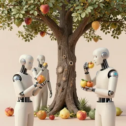 minimalist hyperdetailed photorealistic cyborgs under a big tree, eating interesting elaborate fruits, with simple clothing. in the style of Caravaggio and Paul Gauguin, with liberty cyberpunk and flemish baroque mixed media elements. beautiful! accurate hyperrealistic soft pastel tones. matte background HD 8x