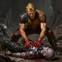 Jean Luc Picard violently murdering an alien with his bare hands covered in blood, bludgeoned dead alien on the floor , highly detailed, digital painting, artstation, concept art, smooth, sharp focus, illustration by Artgerm and Greg Rutkowski and Tom Bagshaw
