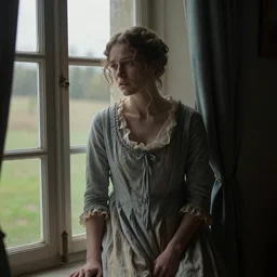 film still of a distressed young female figure by the window in victorian dress, there is no true beauty without decay, lighting by sven nykvist