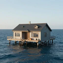A hyper realistic house in the middle of the ocean