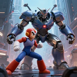 photorealistic megaman battling a boss in a cybernetic city, cinematic, concept art, artstation ultra real, 4 k, highly detail