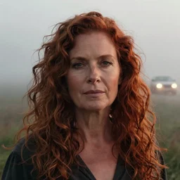 a cinematic headshot portrait of middle aged woman, long auburn curly hair, stood in a fog filled field, a cars headlights shines in the distance, perfectly lit face, ultra realistic, depth, beautiful lighting