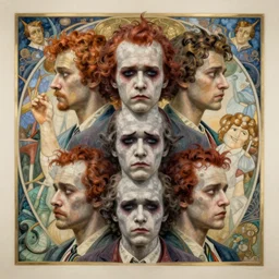 symmetry, concept art by artgerm, distance portrait of a hyper realistic, frowning, sad bobby - six - killer from the rebel by greg rutkowski, alphonse mucha, octane render, highly detailed, high quality, 8 k, soft lighting, path traced, and uang guangjian and gil elvgren, symmetry!!