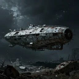 old derelict spaceship floating in a space graveyard of ships with dark scary dramatic lighting by William Adolphe Bouguereau