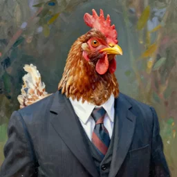 a high quality photo of a chicken wearing a suit, impressionism, 8 k