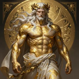 rugged zeus with streaks of gold body paint, laurel crown heavenly god [ white hair ] masculine mature rugged powerful handsome muscular flowing robe fantasy intricate elegant detailed digital painting trending artstation concept art sharp focus asymmetrical illustration art by beksinaki, ruan jia, greg rutkowski alphonse mucha