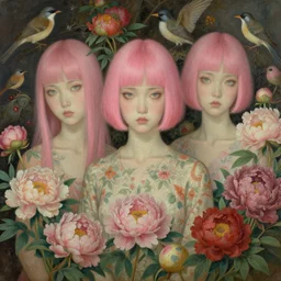 breathtaking detailed concept art painting blend of pink short hair goddesses of peonies by hsiao - ron cheng with anxious piercing eyes, vintage illustration pattern with bizarre compositions blend of flowers and fruits and birds by beto val and john james audubon, exquisite detail, extremely moody lighting, 8 k