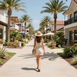 color photo, view from behind, a woman walking on the vacation districts, summer, photograph magazine