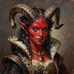 painted close - up portrait of a red - skinned intimidating demon girl with ram horns. oil painting, wearing a noblewoman's outfit, fantasy art by greg rutkowski and john singer sargent and gaston bussiere and greg rutkowski, demon noble character design, hd
