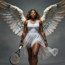 Portrait of Serena Williams with wings as Nike Goddess standing proud, large wings, luxuriant, dreamy, eternity, romantic, strong pose, highly detailed, in the style of Franz Xaver Winterhalter, highly detailed, in the style of Aetherpunk