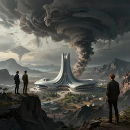 otherworldly mountainous alien planet by arthur haas and bruce pennington and john schoenherr with a zaha hadid building, cinematic matte painting, 8 k, tornado, dark moody colors
