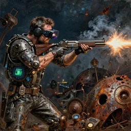 junkys in gunfighting, shooting, flashes, smoke, cybertronic gadgets and vr helmet, durty colours, night, rotten textures, rusty shapes, biotechnology, dariusz zawadzki, tim hildebrandt, wayne barlow, bruce pennington, larry elmore, oil on canvas, deep depth field, masterpiece, cinematic composition, hyper - detailed, hd, hdr