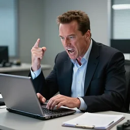 arnold schwarzenegger as conan the barbarian, in an office, sitting at a desk, shouting at a laptop, angry, laptop trouble, technical difficulties, software error, crisp lighting, studio lighting