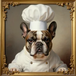 stressed french bulldog chef, detailed rococo painting