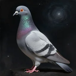 close up Portrait of a Pigeon in space, dark fantasy, intricate pigeon, elegant pigeon, highly detailed, digital painting, artstation, concept art, smooth, sharp focus, illustration, art by Sam Youn and Fernanda Suarez and Artem Demura and Alphonse Mucha