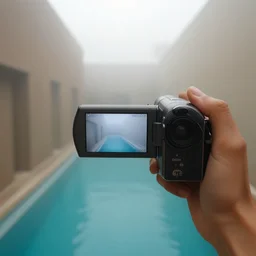 Beautiful cameraphone 2000s, soft liminal Photograph of foggy hallway pool growing