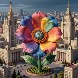 colossal colorful MC Escher flower in the middle of post soviet constructivist cityscape, Stalinist architecture, ultradetailed, Intricate by Hayao Miyazaki and Josan Gonzalez and Giuseppe Arcimboldo and Wes Anderson and H.R. Giger