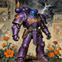 composition gothic of and futuristic, warhammer, cyber japan stule armor, scars, thunderstorm, blue head, purple, orange, juice, many mechflowers, the middle ages, highly detailed, artstation, in the style of moebius, jugendstil and classic japanese print, art by jean delville