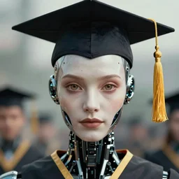 a stunning ultra detailed fantasy fine art portrait photo of a robot from ex machina movie wearing a graduation hat, by tom bagshaw, wlop and natalie shau, 3 5 mm lens, golden ratio composition, deep depth of field, perfect eyes and face, cyberpunk, soft lighting, artstation, 8 k