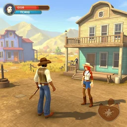 screenshot of gameplay dating simulator game set in 1 8 3 6, interior of old west saloon, featuring african american and japanese cowboys and cowgirls in ghost town with buildings painted bright pastel colors, morning light with mountains in the background