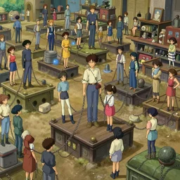 Buyers choose female slaves with chains on platforms, in a very large market, 4K digital painting by studio Ghibli Hayao Miyazaki, Very sharp and detailed, Trending on ArtStation