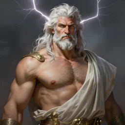 painted portrait of rugged [ zeus ], god of thunder, greek god, white hair, masculine mature ruggedly handsome beefy brawny [ chest hair ] upper body torso robe fantasy intricate elegant highly detailed digital painting, artstation, concept art, smooth, atmospheric lighting sharp focus illustration art by craig mullins greg rutkowski