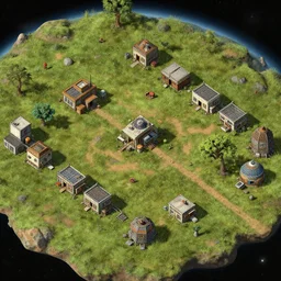 offset overhead view of a small colony, with modular buildings, on an alien grassland, on an alien planet, from a space themed point and click 2 d graphic adventure game, set design inspired by hg giger and ridley scott and tomb raider, art inspired by thomas kinkade