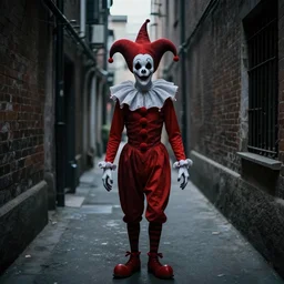 photo of creepy harlequin in an endless alleyway