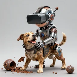 junkys kid and dog playing, cybernetic gadgets and vr helmet, durty colours, rotten textures, rusty shapes, biotechnology, tim hildebrandt, wayne barlow, bruce pennington, donato giancola, larry elmore, oil on canvas, masterpiece, trending on artstation, featured on pixiv, cinematic composition, hyper - detailed, hd, hdr, 4 k, 8 k