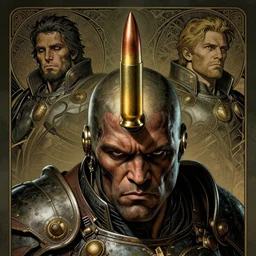 a stunning full - color ancient art nouveau action shot of a bullet!!!! approaching a head, extremely detailed and swarthy facial structure, dieselpunk armor, linework, by bill sienkiewicz, travis charest and michael golden, dark sci - fi, deep complexity, superhero character concept art, photorealism, stunning framing, dim volumetric lighting, hyperrealism, 8 k