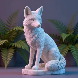 fox, greek sculpture, marble, octane render, 8 k, volumetric lighting, pink and blue lighting, ferns in background