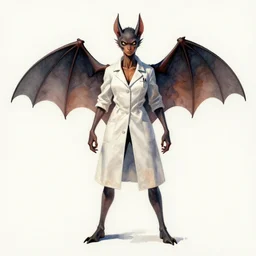 a oil / watercolor painting full body character portrait of a uneducated female anthropomorphic bat mad scientist. she has an athletic build. her wardrobe is classy. in the style of moebius in the style of leonard boyarsky trending on artstation deviantart pinterest detailed realistic hd 8 k high resolution